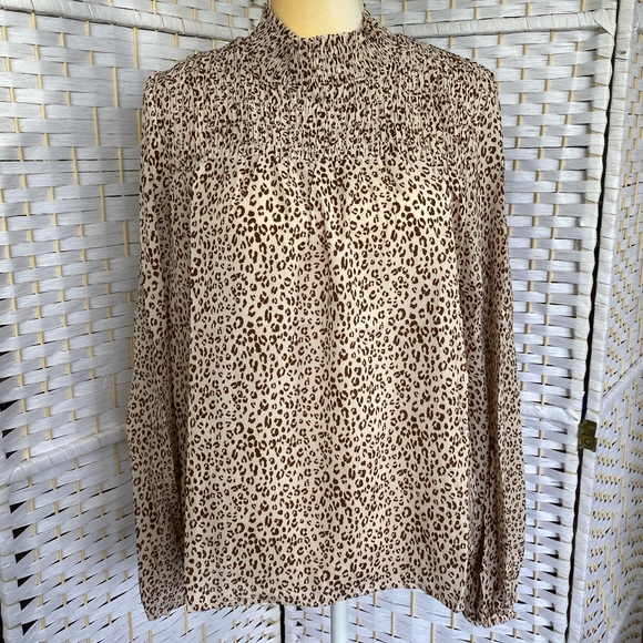 NWT Hem & Thread Cheetah Frills Smocked Ivory Mocha Bohemian Top Blouse - Picture 5 of 11